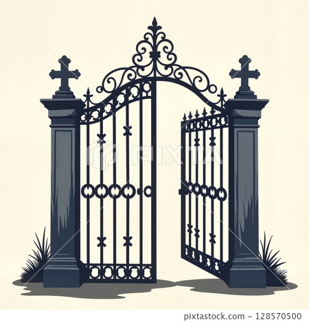Intricate wrought iron graveyard gate ajar, symbol of remembrance 128570500
