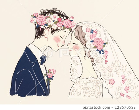 新郎和新娘戴著花冠的婚禮插圖 128570552