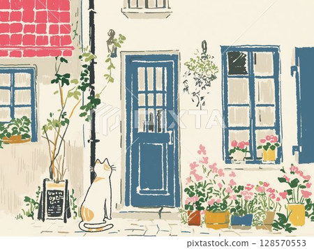 A house with a cat and flowers standing in front of a blue door A house with a cat and flowers standing in front of a blue door 128570553