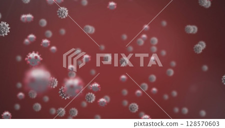 Image of covid 19 cells floating over red background 128570603
