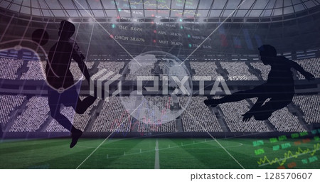 Image of graphs and data processing, with globe and footballers over sports stadium Image of graphs and data processing, with globe and footballers over sports stadium 128570607