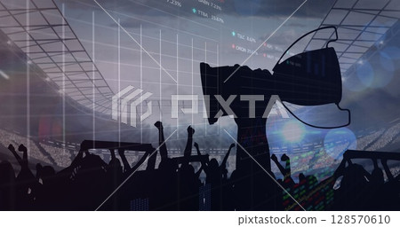 Image of data processing over cheering fans holding cup at sports stadium Image of data processing over cheering fans holding cup at sports stadium 128570610