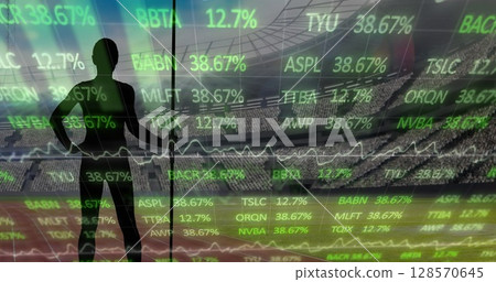Image of data processing over female athlete with javelin at sports stadium 128570645