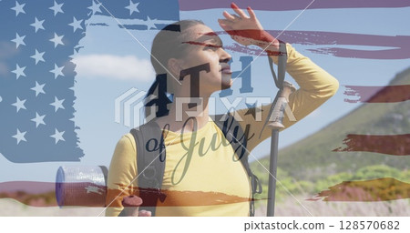 Image of independence day text over biracial woman looking away in mountains Image of independence day text over biracial woman looking away in mountains 128570682