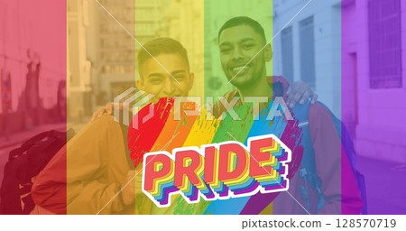 Image of pride text over rainbow flag over happy male gay couple 128570719