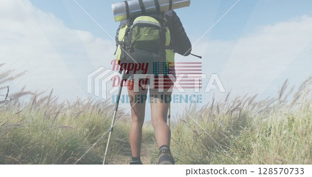 Image of independence day text over biracial woman hiking 128570733