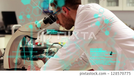 Image of scientific data processing over male scientist using microscope 128570775