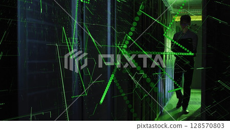 Image of data processing over asian male it engineer with laptop by computer server Image of data processing over asian male it engineer with laptop by computer server 128570803