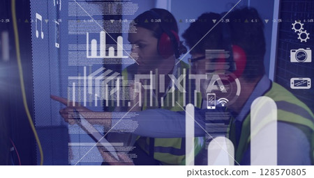 Image of data processing, diverse male and female it engineers with tablet by computer servers Image of data processing, diverse male and female it engineers with tablet by computer servers 128570805