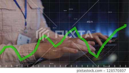 Image of data processing over caucasian female it engineer using laptop by computer server Image of data processing over caucasian female it engineer using laptop by computer server 128570807