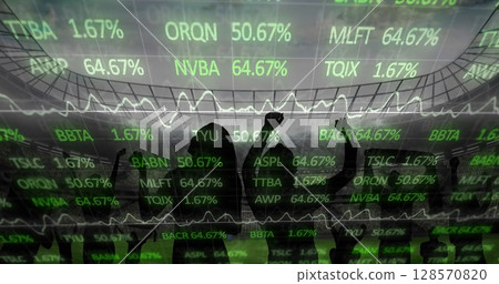 Image of data processing over cheering fans at sports stadium Image of data processing over cheering fans at sports stadium 128570820