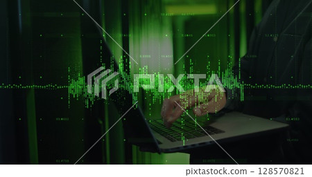 Image of data processing over asian it technician using laptop by computer servers Image of data processing over asian it technician using laptop by computer servers 128570821