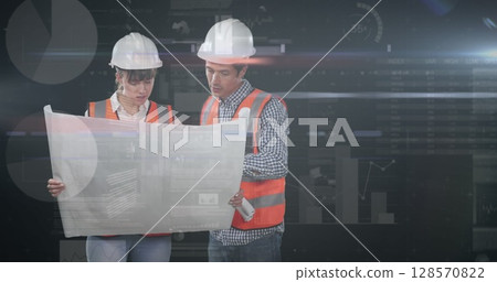 Image of statistics processing over female and male architects holding plans Image of statistics processing over female and male architects holding plans 128570822
