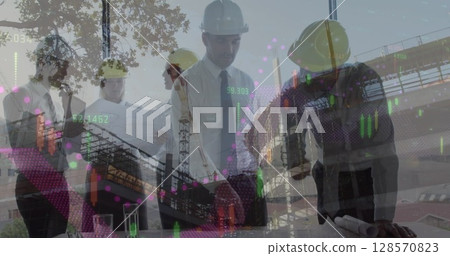 Image of statistics processing over male and female architect holding plans at construction site 128570823