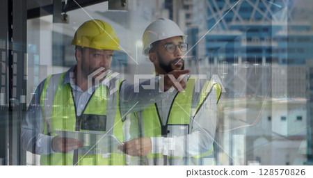 Image of statistics processing over male architects holding plans at construction site 128570826