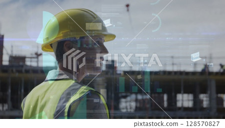 Image of statistics processing over female architect holding plans at construction site 128570827