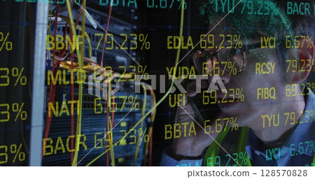 Image of data processing over asian male it engineer with smartphone by computer server 128570828