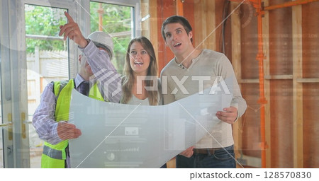 Image of statistics processing over male engineer and couple holding plans at construction site Image of statistics processing over male engineer and couple holding plans at construction site 128570830
