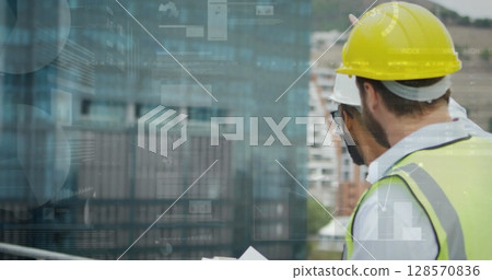 Image of statistics processing over male architects taking at construction site 128570836