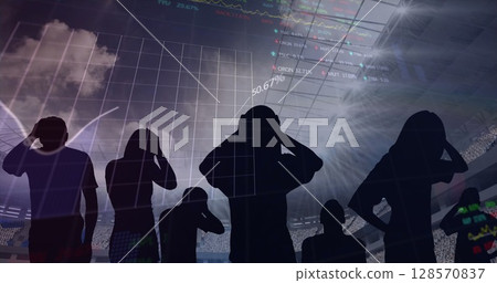 Image of graphs and data processing over disappointed sports fans at stadium 128570837