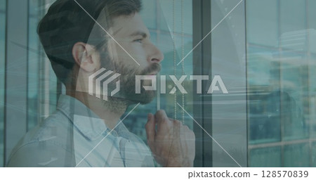 Image of statistics and data processing over businessman 128570839