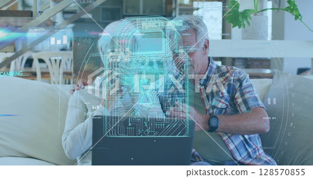 Image of data and online security padlock over worried senior caucasian couple using laptop Image of data and online security padlock over worried senior caucasian couple using laptop 128570855