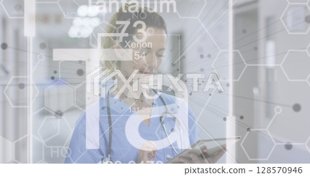 Image of chemical compounds over female doctor in hospital 128570946