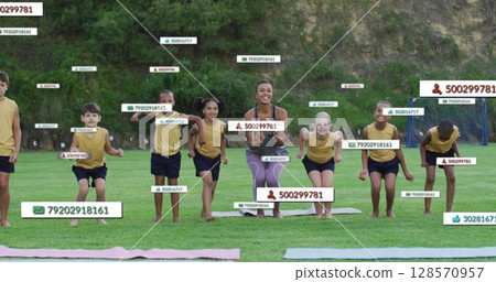 Image of social media icons with numbers over children at sports day in park Image of social media icons with numbers over children at sports day in park 128570957