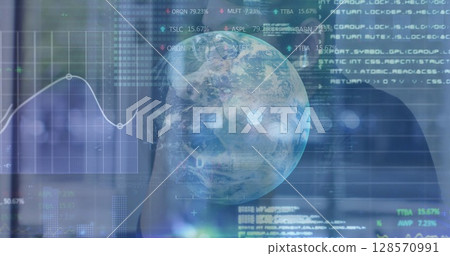 Image of financial statistics over globe with binary coding and businessman talking Image of financial statistics over globe with binary coding and businessman talking 128570991