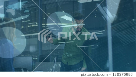 Image of financial statistics processing over businessman holding drone in office 128570993