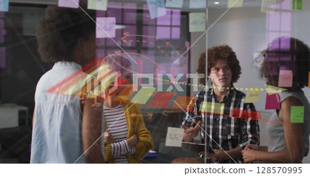 Image of financial statistics processing over business colleagues talking Image of financial statistics processing over business colleagues talking 128570995