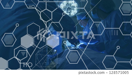 Image of chemical compounds data over surgeons in operating theatre in hospital 128571005