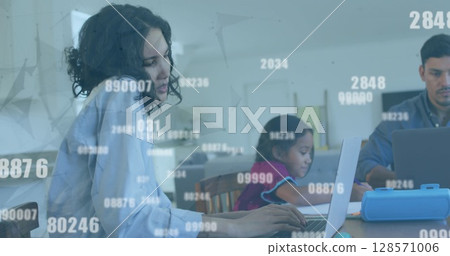 Image of numbers processing over biracial couple with daughter working and learning from home 128571006