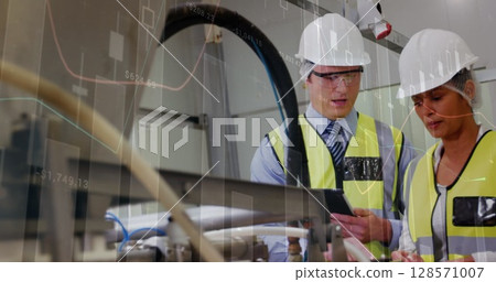 Image of statistics processing over male and female workers talking at factory Image of statistics processing over male and female workers talking at factory 128571007