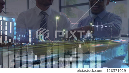 Image of financial data processing over business people in meeting 128571029