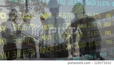 Image of statistics processing over male and female architects talking at construction site 128571032
