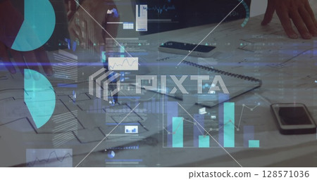 Image of statistics and financial data processing over business people in meeting 128571036