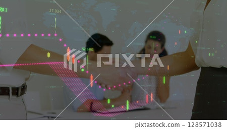 Image of statistics and financial data processing over business people shaking hands in meeting Image of statistics and financial data processing over business people shaking hands in meeting 128571038