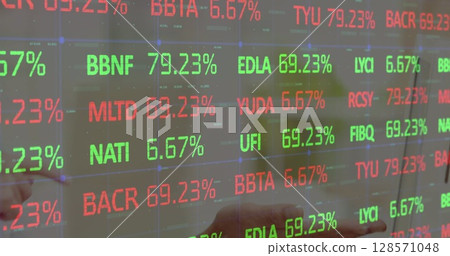 Image of financial data processing over business people in meeting 128571048