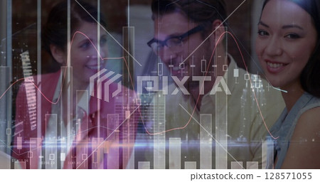Image of statistics and financial data processing over business people in meeting Image of statistics and financial data processing over business people in meeting 128571055