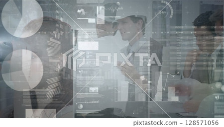 Image of statistics and financial data processing over architects with plans in meeting 128571056