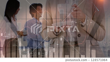 Image of statistics and financial data processing over business people in meeting Image of statistics and financial data processing over business people in meeting 128571064