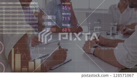 Image of statistics and financial data processing over business people in meeting 128571067