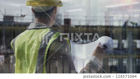 Image of statistics processing over female architect holding plans at construction site 128571084