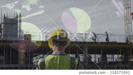 Image of statistics processing over female architect holding plans at construction site 128571091