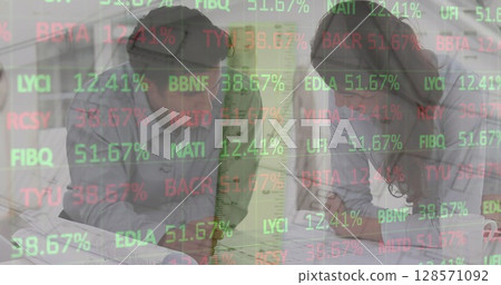 Image of statistics processing over female and male architect holding plans at construction site Image of statistics processing over female and male architect holding plans at construction site 128571092