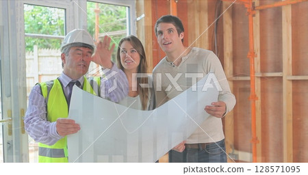 Image of statistics processing over male engineer and couple holding plans at construction site 128571095