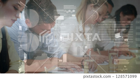 Image of statistics and financial data processing over business people in meeting Image of statistics and financial data processing over business people in meeting 128571099