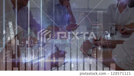 Image of statistics and financial data processing over business people in meeting Image of statistics and financial data processing over business people in meeting 128571121