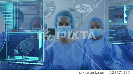 Image of data processing over diverse doctors with face masks 128571123